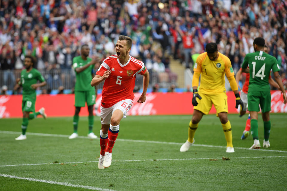 Denis Cheryshev celebrates Russia’s second goal in its 2018 World Cup-opening win over Saudi Arabia. (Getty)