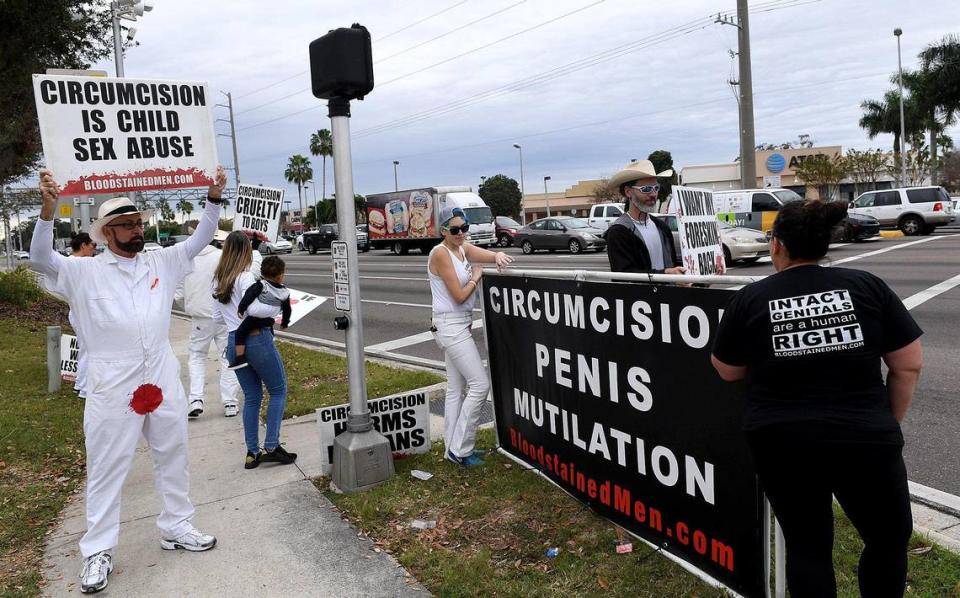 About 15 people from the group The Bloodstained Men & Their Friends stopped in Bradenton at the intersection of U.S. 41 and Cortez Road as they protest in Florida against male circumcision.