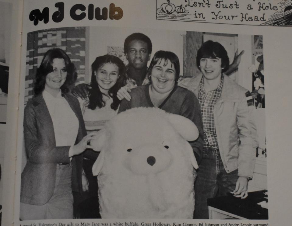 A photo in Lenape High School's 1980 yearbook shows Mary Jane Mullen with a stuffed animal presented by students as a Valentine's Day gift.