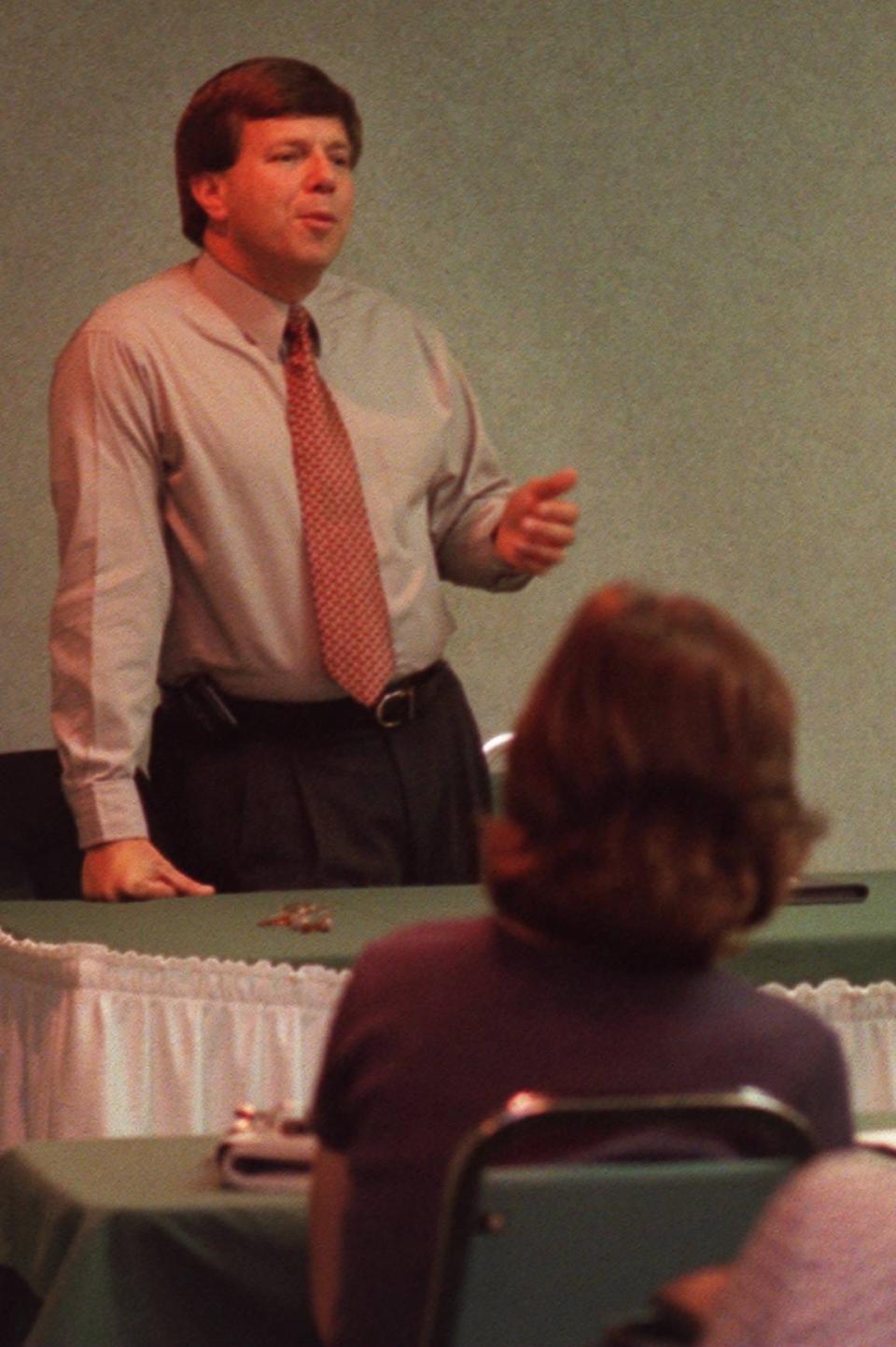 Former editor of the Florida Alligator Ron Sachs, addresses the audience at The Alligator's 90th Anniversary Celebration Seminar in 1996. at this time Sachs was the press secretary for Florida Gov. Lawton Chiles.