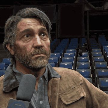 Joel speaking into a mic and walking away with sass in a The Last of Us game spoof gif