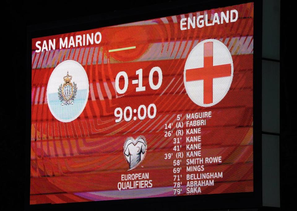 England put 10 goals past San Marino in November 2021 (PA Archive)