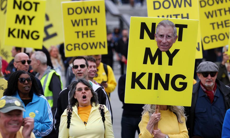 <span>Protesters at a rally organised by the group Republic in London on Sunday.</span><span>Photograph: Andy Rain/EPA</span>