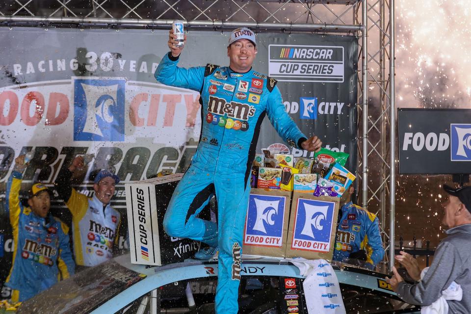 Kyle Busch celebrates after winning the Bristol Motor Speedway Dirt Course race on April 17.