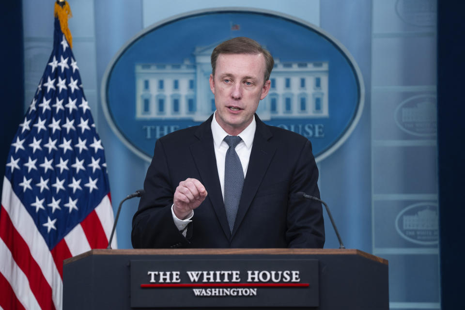 White House national security adviser Jake Sullivan speaks during a press briefing at the White House, Wednesday, April 24, 2024, in Washington. (AP Photo/Evan Vucci)