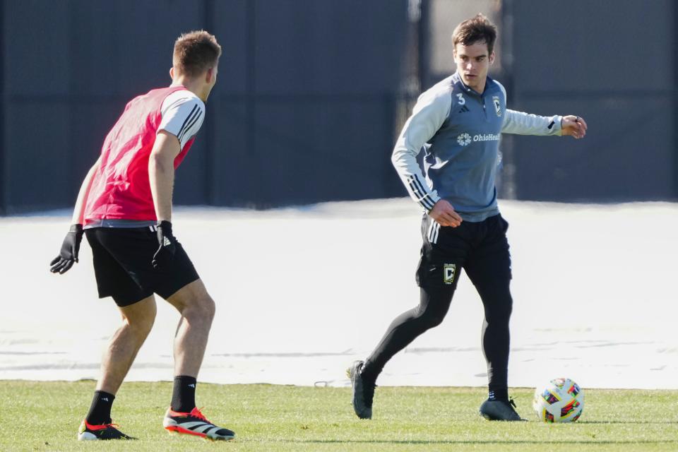 Feb 5, 2024; Columbs, OH, USA; Columbus Crew defender Will Sands (3) moves the ball around Keegan Hughes (22) during preseason training at the OhioHealth Performance Center.