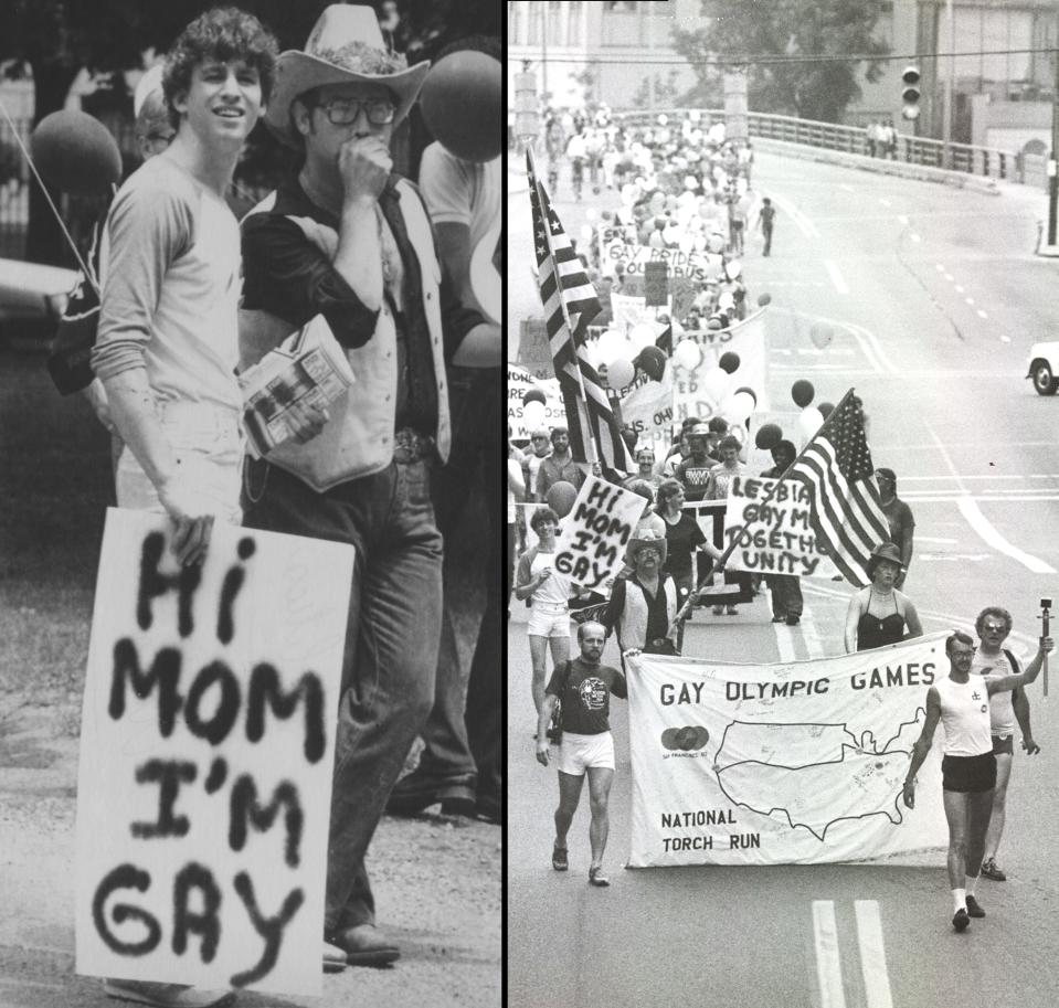 (Left) Ed Grudus of Dayton was one of more than 500 gay rights supporters from all over the state to march in the Ohio Gay Pride Parade on June 26, 1982. The parade concluded with a rally on the Statehouse lawn. (Right) Marchers in Columbus' first Gay Pride Parade on June 26, 1982 head southbound on Front Street in Columbus to the west of the Nationwide building. Some resources say the Pride Parade started with the 1981 march and some say it started in 1982, since that was the first year it was officially named the Gay Pride Parade.