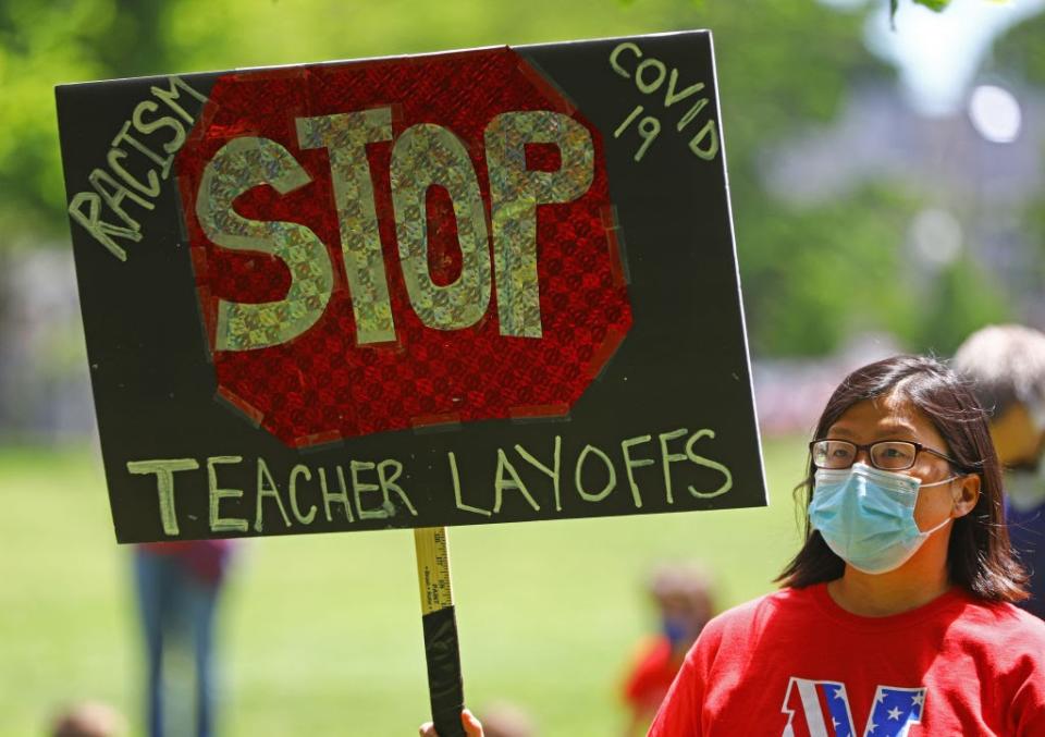 June 1: Parent Melissa Smith at a Brookline, Massachusetts demonstration of high school students, teachers, and parents protesting the layoffs of over 300 teachers. (Getty Images)