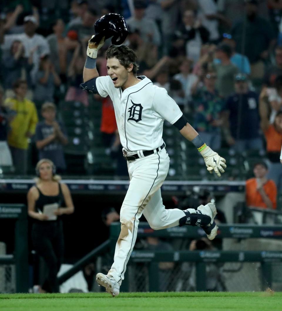 Detroit Tigers third baseman Nick Maton (9) celebrates his three-run walk-off homer against San Francisco Giants relief pitcher Camilo Doval (75) during 11th-inning action at Comerica Park in Detroit on Friday, April 14, 2023.