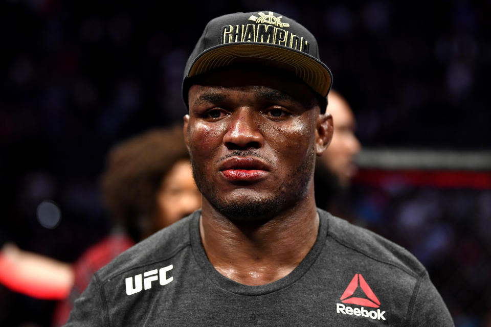 LAS VEGAS, NEVADA - DECEMBER 14:  Kamaru Usman of Nigeria awaits the decision following his bout during the UFC 245 event at T-Mobile Arena on December 14, 2019 in Las Vegas, Nevada. (Photo by Jeff Bottari/Zuffa LLC via Getty Images)