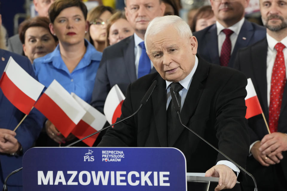 FILE - Jaroslaw Kaczynski, front, the leader of the ruling Law and Justice party, speaks to supporters in Pruszkow, Poland, Sept. 27, 2023. Poland's opposition leader Donald Tusk will lead a march in Warsaw on Sunday Oct. 1, aimed at energizing supporters and winning new hearts in his battle to unseat the right-wing government in the nation's upcoming parliamentary election on Oct. 15. (AP Photo/Czarek Sokolowski, File)