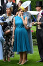 Princess Eugenie wore a teal sleeveless number with yellow stripe detailing by <a href="https://fave.co/2wZvU6z" rel="noopener" target="_blank" data-ylk="slk:Calvin Klein;elm:context_link;itc:0;sec:content-canvas" class="link ">Calvin Klein</a> with a bold yellow beret-style hat. <em>[Photo: PA]</em>