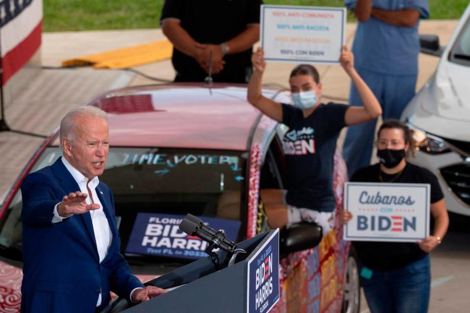 Democratic presidential candidate and former Vice President Joe Biden gives a speech while campaigning in Miramar, Florida, on October 13, 2020.