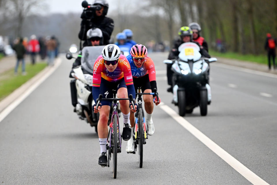 OUDENAARDE BELGIUM  APRIL 02 LR Lotte Kopecky of Belgium and Team SD Worx and Silvia Persico of Italy and UAE Team ADQ compete in the breakaway competes during the 20th Ronde van Vlaanderen  Tour des Flandres 2023 Womens Elite a 1566km one day race from Oudenaarde to Oudenaarde  UCIWWT  on April 02 2023 in Oudenaarde Belgium Photo by Luc ClaessenGetty Images