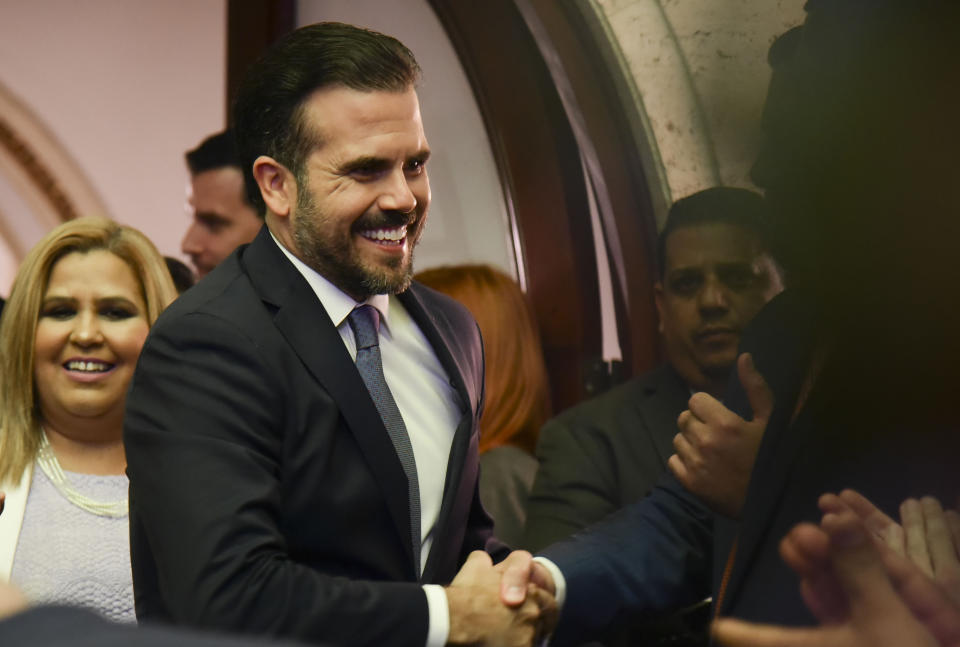 Puerto Rico's Gov. Ricardo Rossello arrives his commonwealth address at the seaside Capitol in San Juan, Puerto Rico, Wednesday, April 24, 2019. He pledged on Wednesday to lift the U.S. territory from a deep recession by creating more jobs, reversing a migration exodus and implementing a range of incentives as the island struggles to recover from Hurricane Maria. (AP Photo/Carlos Giusti)