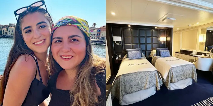 the writer and a view of her cabin with twin beds