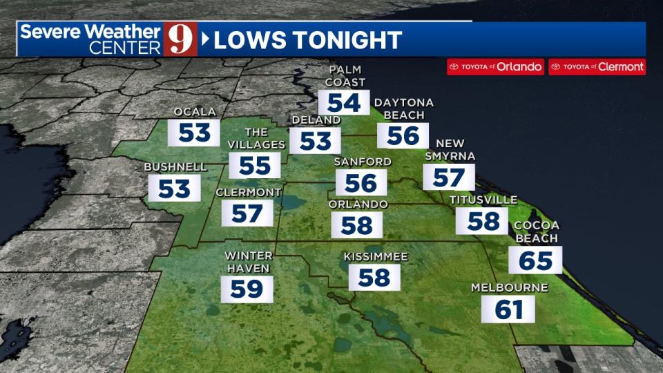 Temperatures will dip down into the 50s for much of Central Florida on Tuesday evening.