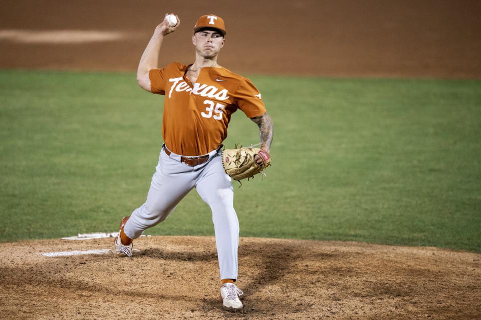 Tristan Stevens delivered a solid start in the Longhorns' 11-1 Game 3 win over East Carolina in the Greenville Super Regional, pitching six innings and allowing just one run. He pitched in all three super regional games, with relief appearances Friday and Saturday.