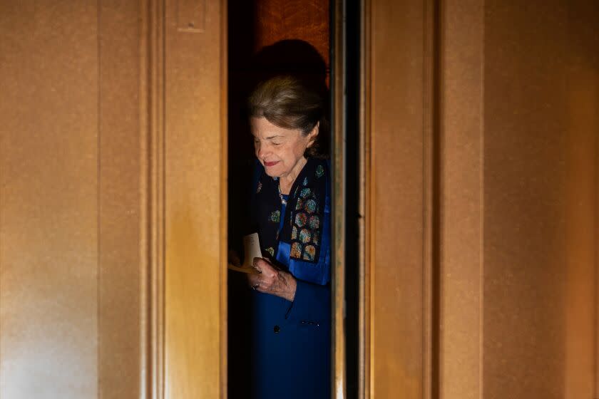 WASHINGTON, DC - FEBRUARY 14: Sen. Dianne Feinstein (D-CA) leaves the Senate Chamber following a vote at the U.S. Capitol on Tuesday, Feb. 14, 2023 in Washington, DC. Feinstein, California's longest-serving senator, announced she will not run for reelection next year, marking the end to one of the state's most storied political careers. She plans to remain in office through the end of her term. (Kent Nishimura / Los Angeles Times)