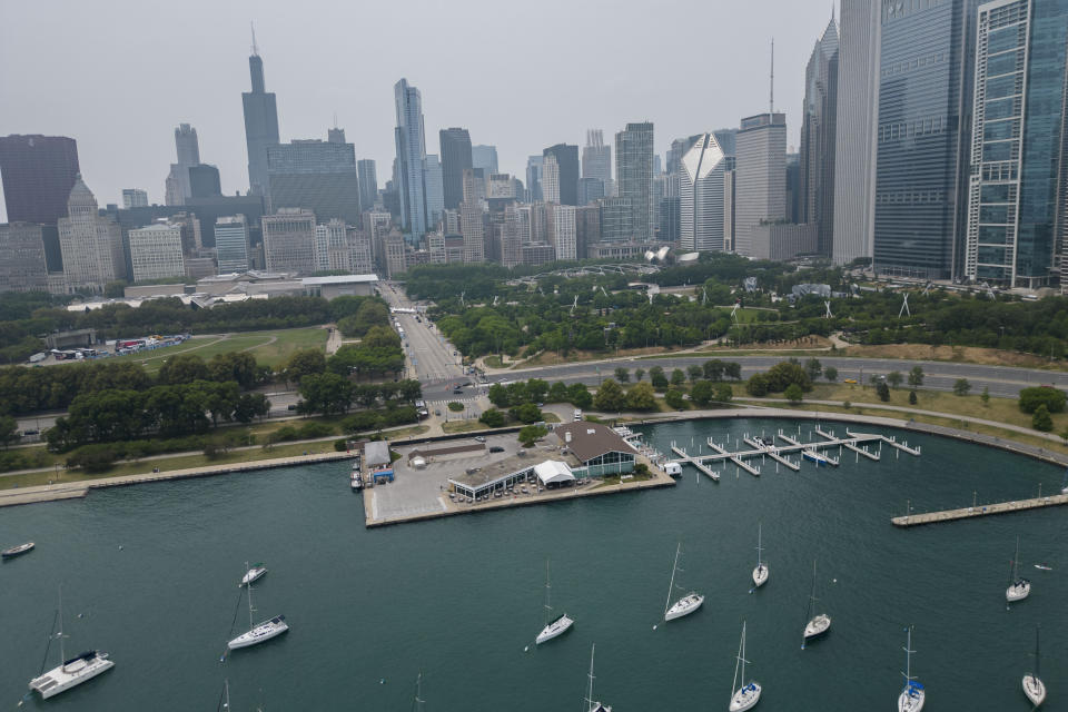 Haze from Canadian wildfires obscures buildings along the Lake Michigan shoreline in Chicago, Thursday, June 29, 2023, in Chicago. (AP Photo/Erin Hooley)