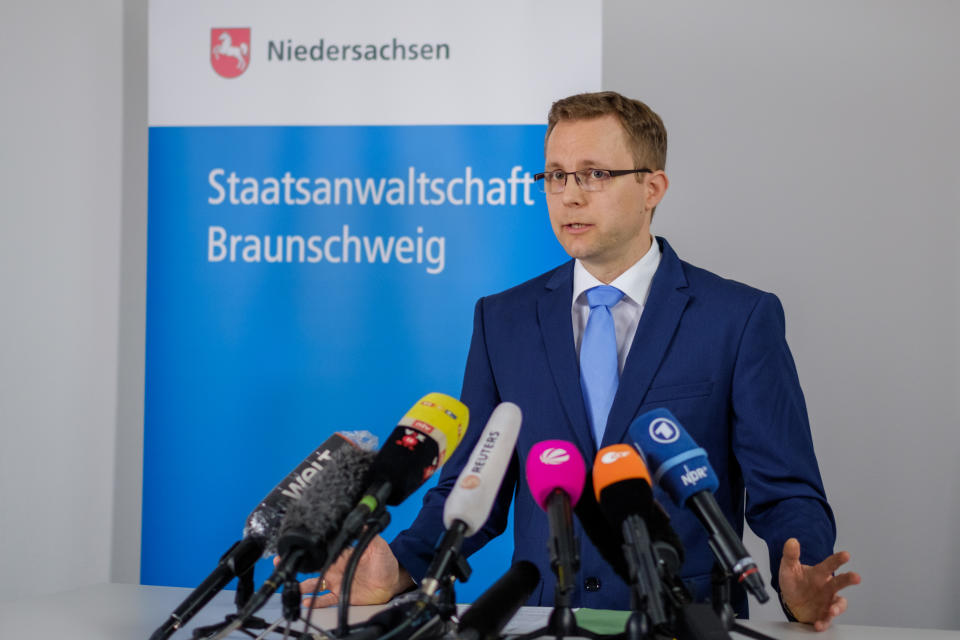 04 June 2020, Lower Saxony, Brunswick: Public prosecutor Hans Christian Wolters speaks to media representatives in the public prosecutor's office about the investigations in the Maddie case. According to the Federal Criminal Police Office (BKA), the Braunschweig Public Prosecutor's Office is investigating a 43-year-old German who has been convicted several times of sexual offences, including those involving children. Madeleine "Maddie" McCann from Great Britain, who was three years old at the time, disappeared on 3 May 2007 from an apartment complex in Praia da Luz, Portugal. Photo: Ole Spata/dpa (Photo by Ole Spata/picture alliance via Getty Images)