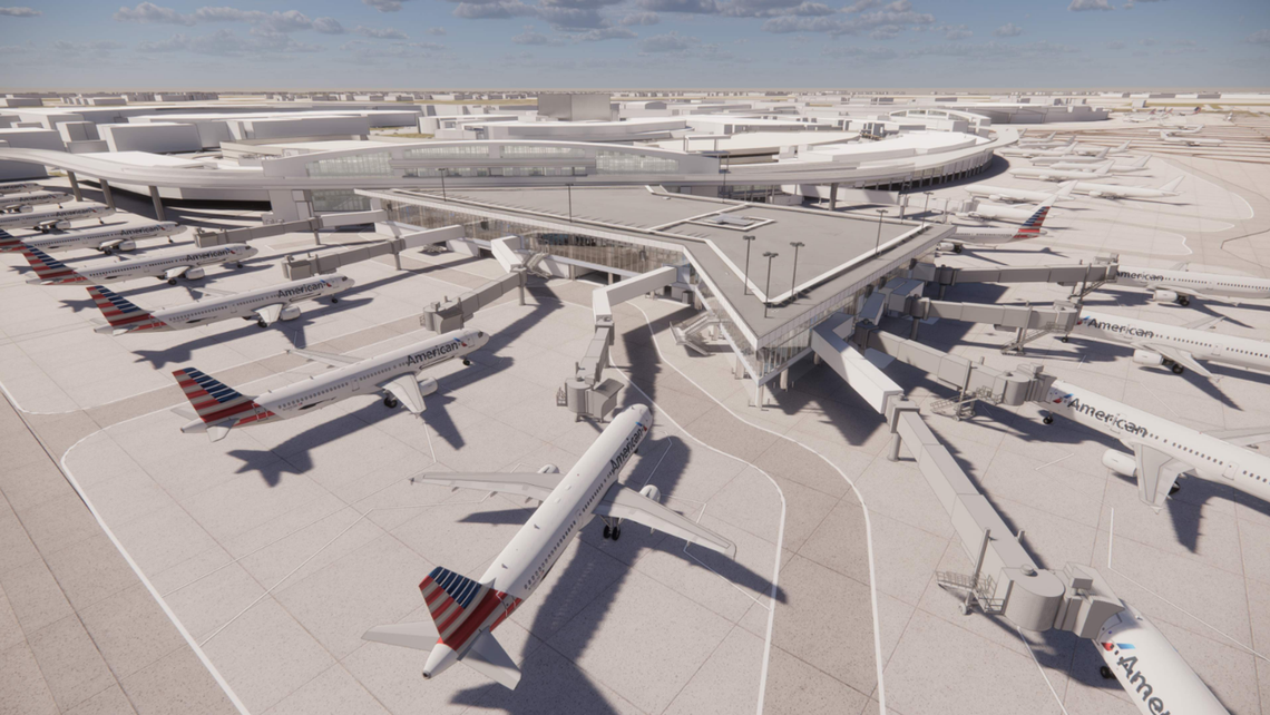 A rendering of Dallas-Fort Worth International Airport’s Terminal C, which will be overhauled and expanded as part of $4.8 billion in construction.