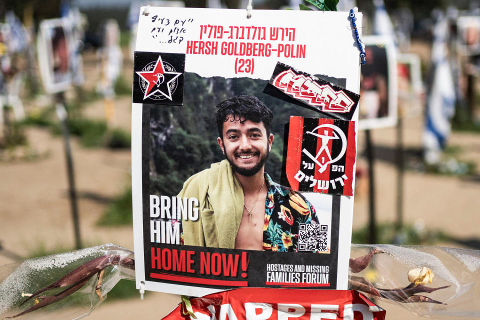 A poster depicting Israeli-American hostage Hersh Goldberg-Polin is displayed (Maya Alleruzzo / AP file)