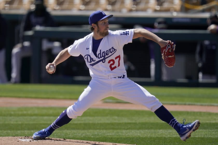 FILE - In this Monday, March 1, 2021, file photo, Los Angeles Dodgers starting pitcher Trevor Bauer.