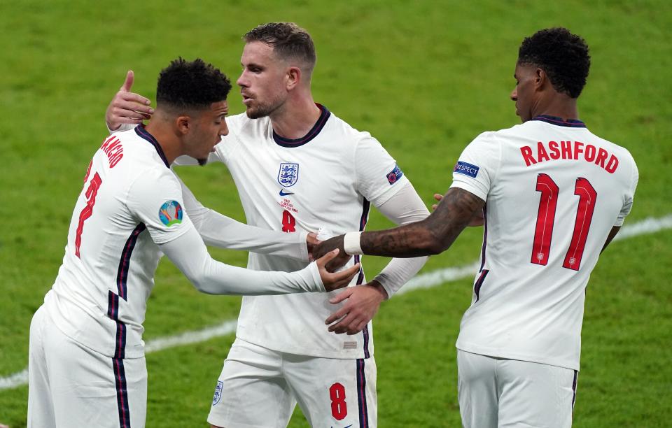 England’s Jadon Sancho, left, and Marcus Rashford, right, suffered racist abuse after missing penalties (PA) (PA Wire)