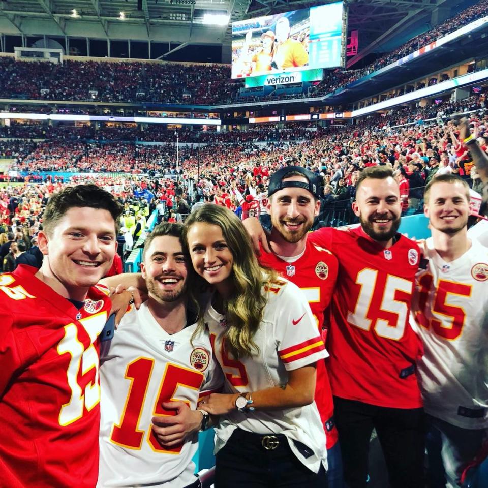 A group of Chiefs quarterback Patrick Mahomes’ friends (Coleman Patterson, Brennan McDaniel, Chestley Strother, Ryan Cheatham, Jake Parker and Zach Parker) attended the Super Bowl in Miami.