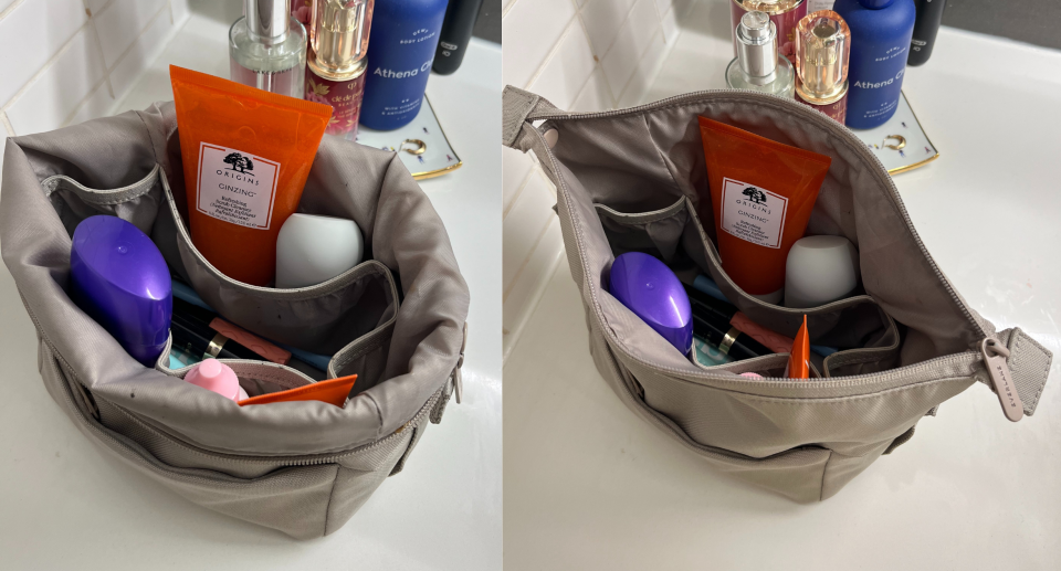 split screen of Everlane's The Renew Transit Catch-All Case with products inside on bathroom counter