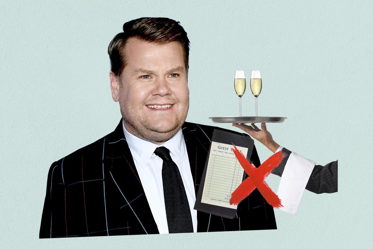 a collage with James Corden and a waiter holding a silver platter with champagne glasses. A guest check receipt has a red X mark over it.