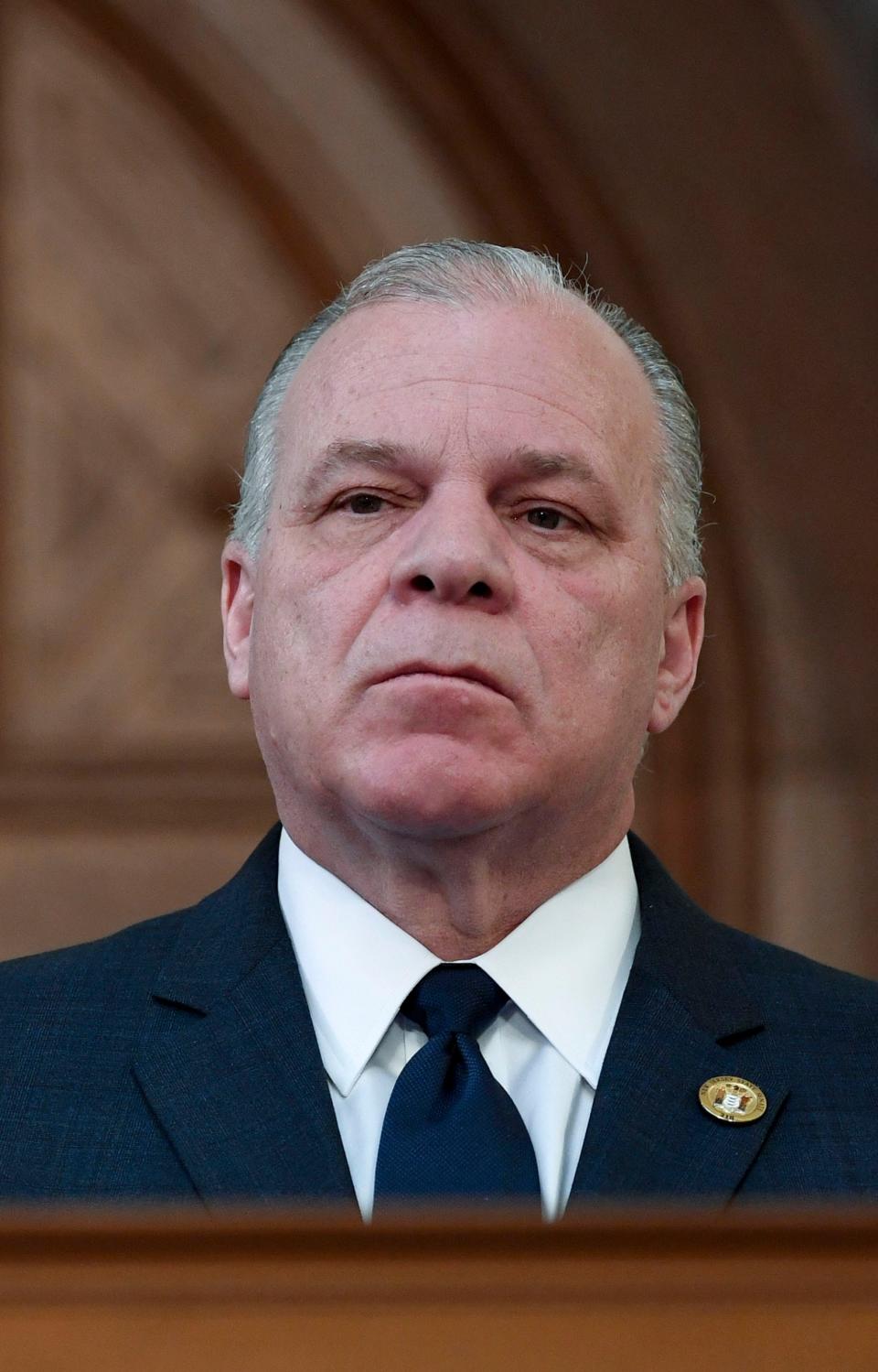 New Jersey Senate President Steve Sweeney listens as Governor Phil Murphy, left, delivers a speech on the state budget on Tuesday, March 5, 2019, in Trenton.