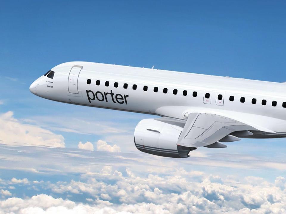 An Embraer E195-E2 aircraft rendering in Porter Airlines colors - Embraer E195-E2