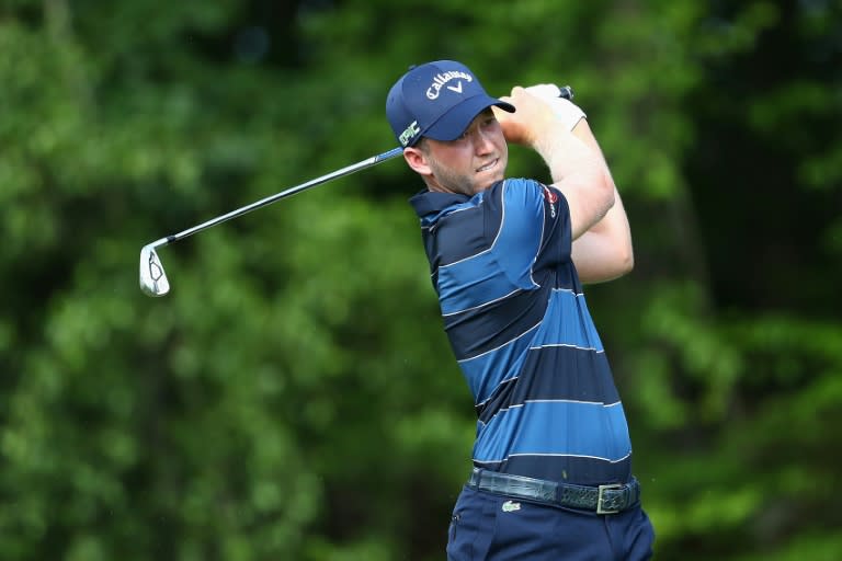 Daniel Berger of the US plays his shot from the 14th tee during the final round of the Travelers Championship, at TPC River Highlands in Cromwell, Connecticut, on June 25, 2017