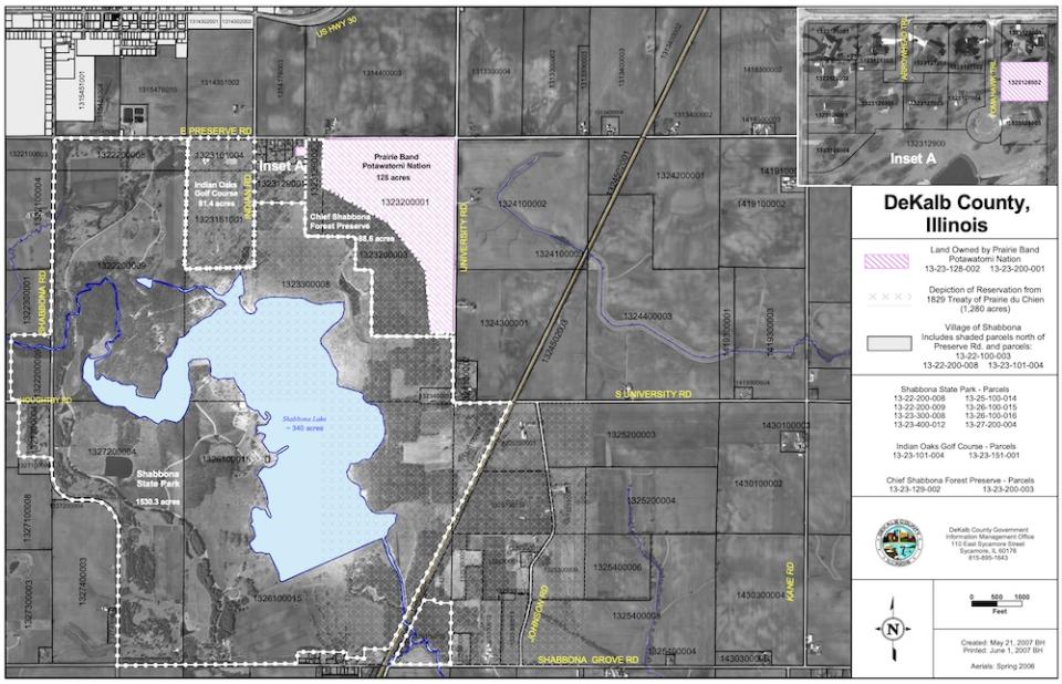 The map shows the former reservation and highlights (in pink) the location of the land taken into trust for the Prairie Band Potawatomi Nation. (Courtesy of the tribe)