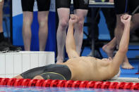 Chase Kalisz, of the United States, celebrates after winning the final of the men's 400-meter individual medley at the 2020 Summer Olympics, Sunday, July 25, 2021, in Tokyo, Japan.