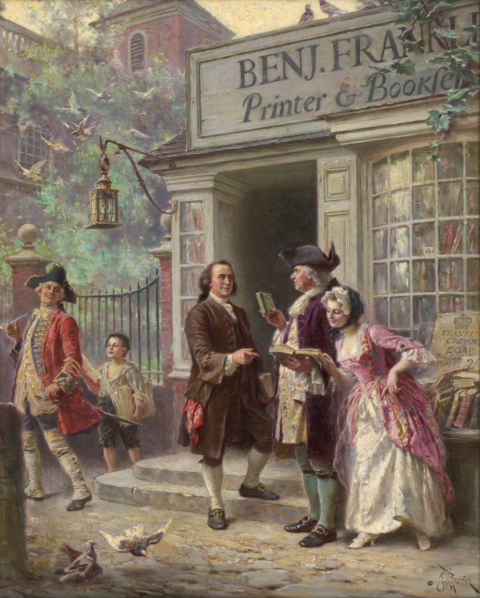 Franklin's Bookshop in Philadelphia, 1745. Painting by Jean Leon Gerome Ferris, circa 1910.