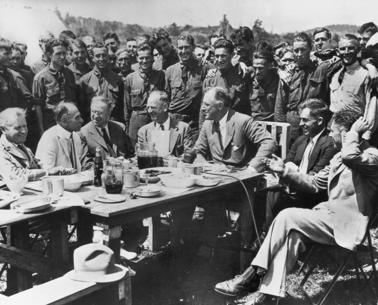 President Franklin Delano Roosevelt visits the Civilian Conservation Corps (CCC) camp in Big Meadows in the Shenandoah Valley, Virginia. (Photo: Bettmann via Getty Images)