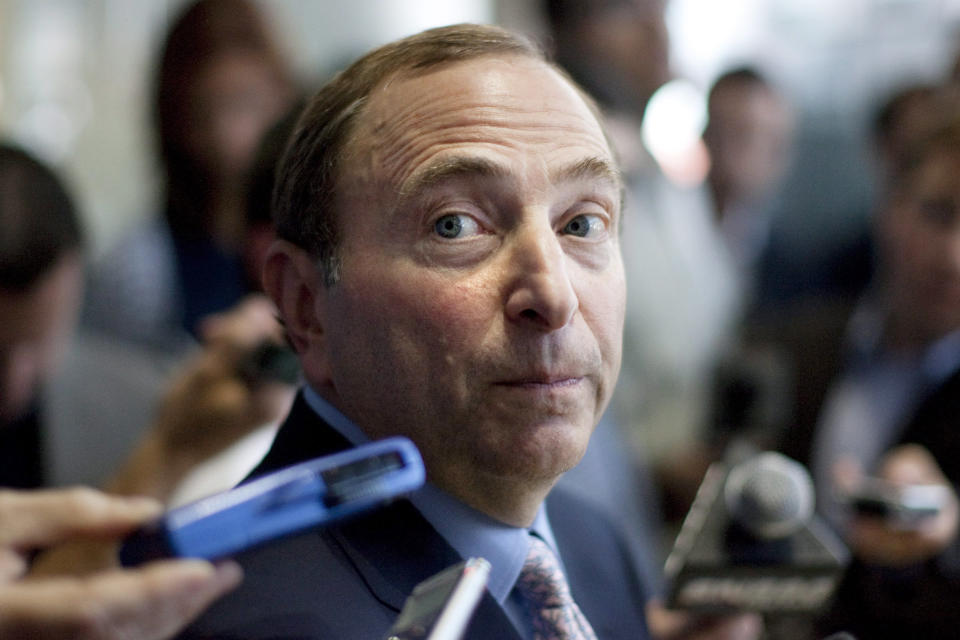 NHL Commissioner Gary Bettman speaks with reporters following talkswith the media following labor talks with the NHLPA in Toronto on Thursday, Aug. 23, 2012. Negotiations continue between the league and the players' union over collective bargaining as both sides try to avoid a potential lockout. (AP Photo/The Canadian Press, Chris Young)