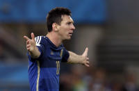 FILE - Argentina's Lionel Messi reacts during the World Cup final soccer match between Germany and Argentina at the Maracana Stadium in Rio de Janeiro, Brazil, Sunday, July 13, 2014. (AP Photo/Victor R. Caivano, File)