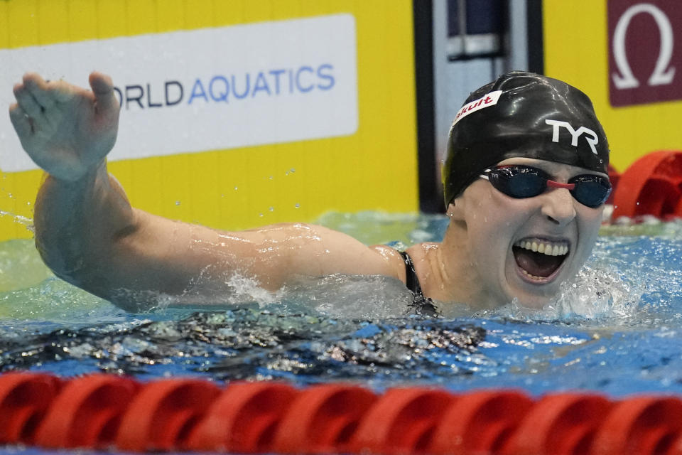 Katie Ledecky of United States reacts after the women's 1500m freestyle finals at the World Swimming Championships in Fukuoka, Japan, Tuesday, July 25, 2023. (AP Photo/Lee Jin-man)