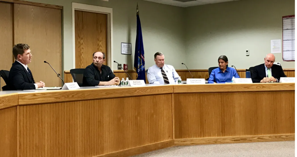 Former Kittery Town Councilor Frank Dennett, center, at a Kittery Town Council meeting in 2018. Dennett died on July 30, 2022 at the age of 83.