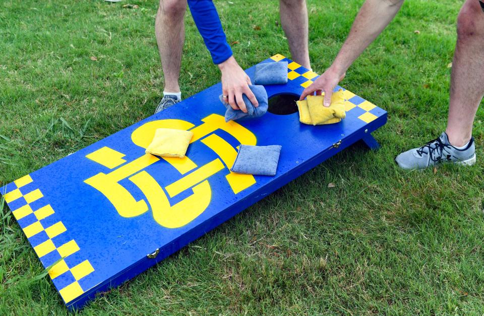 The South Dakota State logo is painted on a corn hole board on Sunday, May 16, 2021 outside Toyota Stadium in Frisco, Texas.