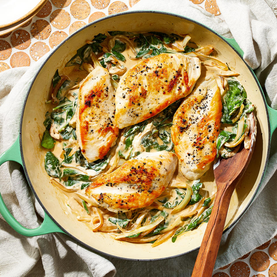 <p>This cozy skillet dinner combines two favorites: chicken cutlets and everything bagel spice—and it's ready in less than 30 minutes. A healthy portion of spinach and also cream cheese are mixed in toward the end, making this meal perfect for serving over pasta or grains. <a href="https://www.eatingwell.com/recipe/8010843/creamy-skillet-chicken-with-everything-bagel-spice-spinach/" rel="nofollow noopener" target="_blank" data-ylk="slk:View Recipe" class="link ">View Recipe</a></p>