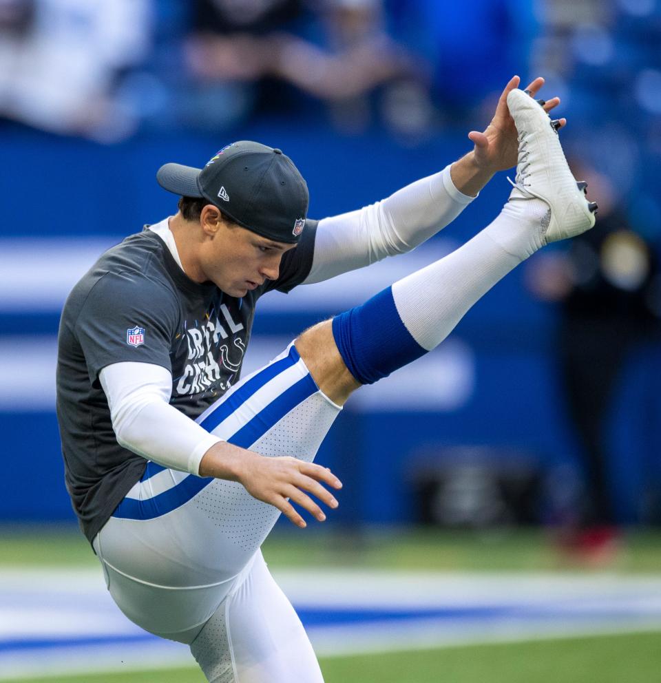 Michael Badgley, new Colts kicker, warms up Sunday, Oct. 17, 2021, Houston Texans at Indianapolis Colts from Lucas Oil Stadium. 