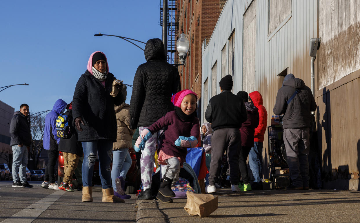 Migrants outside a shelter in Chicago