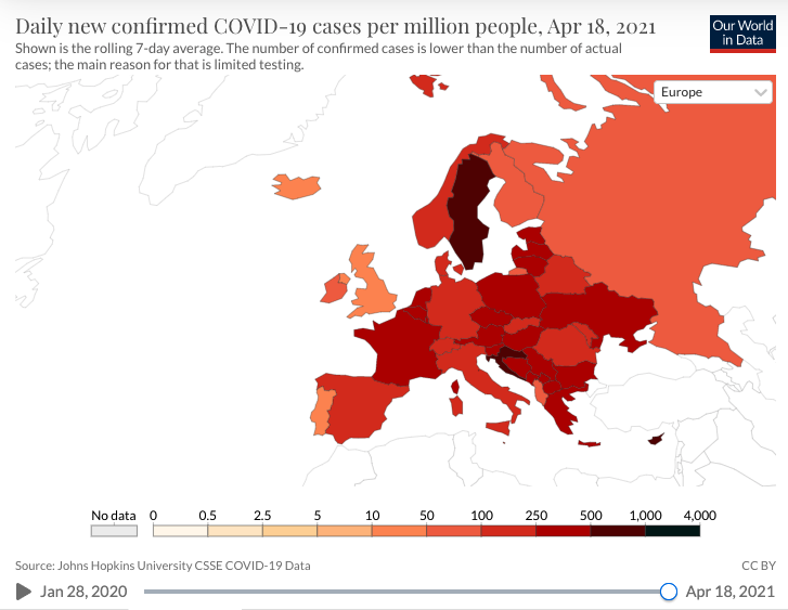 Le nombre de cas de Covid par million d'habitants en Europe/