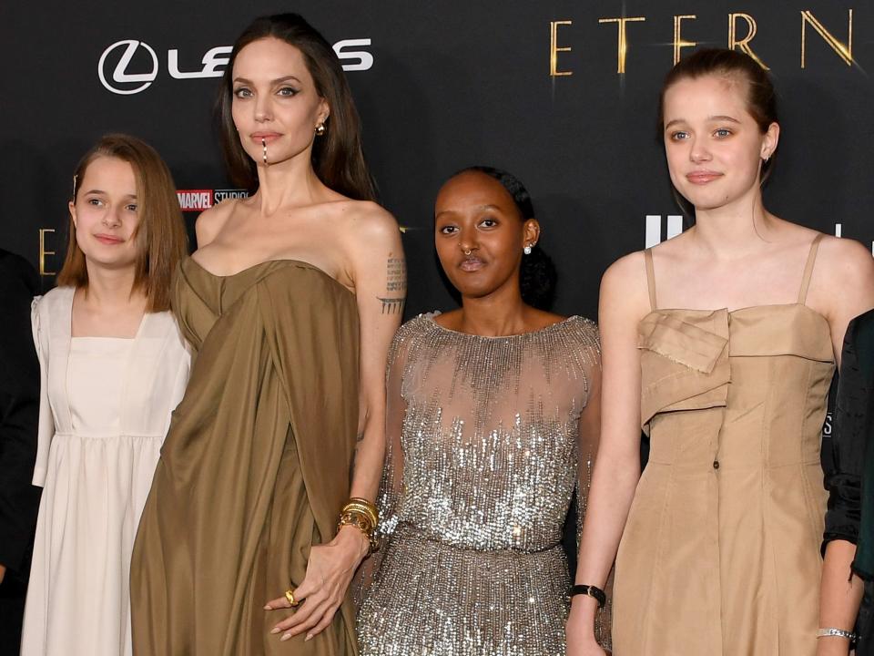 Maddox Jolie-Pitt, Vivienne Jolie-Pitt, Angelina Jolie, Zahara Jolie-Pitt, Shiloh Jolie-Pitt, and Knox Jolie-Pitt arrive for the World Premiere of Marvel Studios’ Eternals at the El Capitan Theatre in Hollywood on October 18, 2021