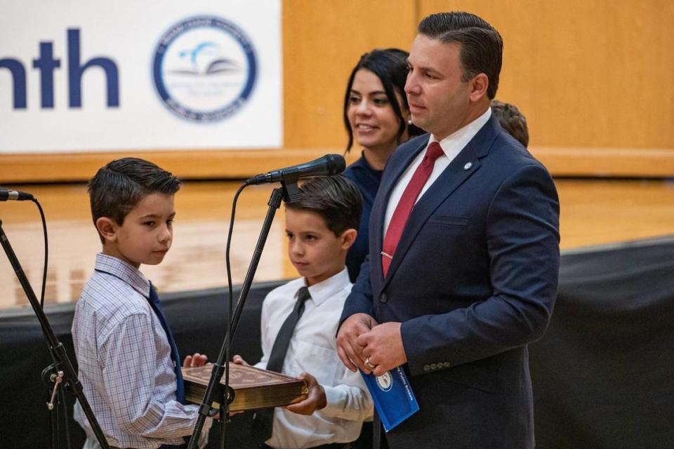 Danny Espino is sworn in at the Miami-Dade County School Board Administration Building in Miami, Florida on Tuesday, November 22, 2022. Gov. DeSantis appointed him to the School Board when Christi Fraga stepped down to run for Doral mayor.